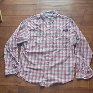 Columbia Men's PFG Red and Gray Plaid Shirt